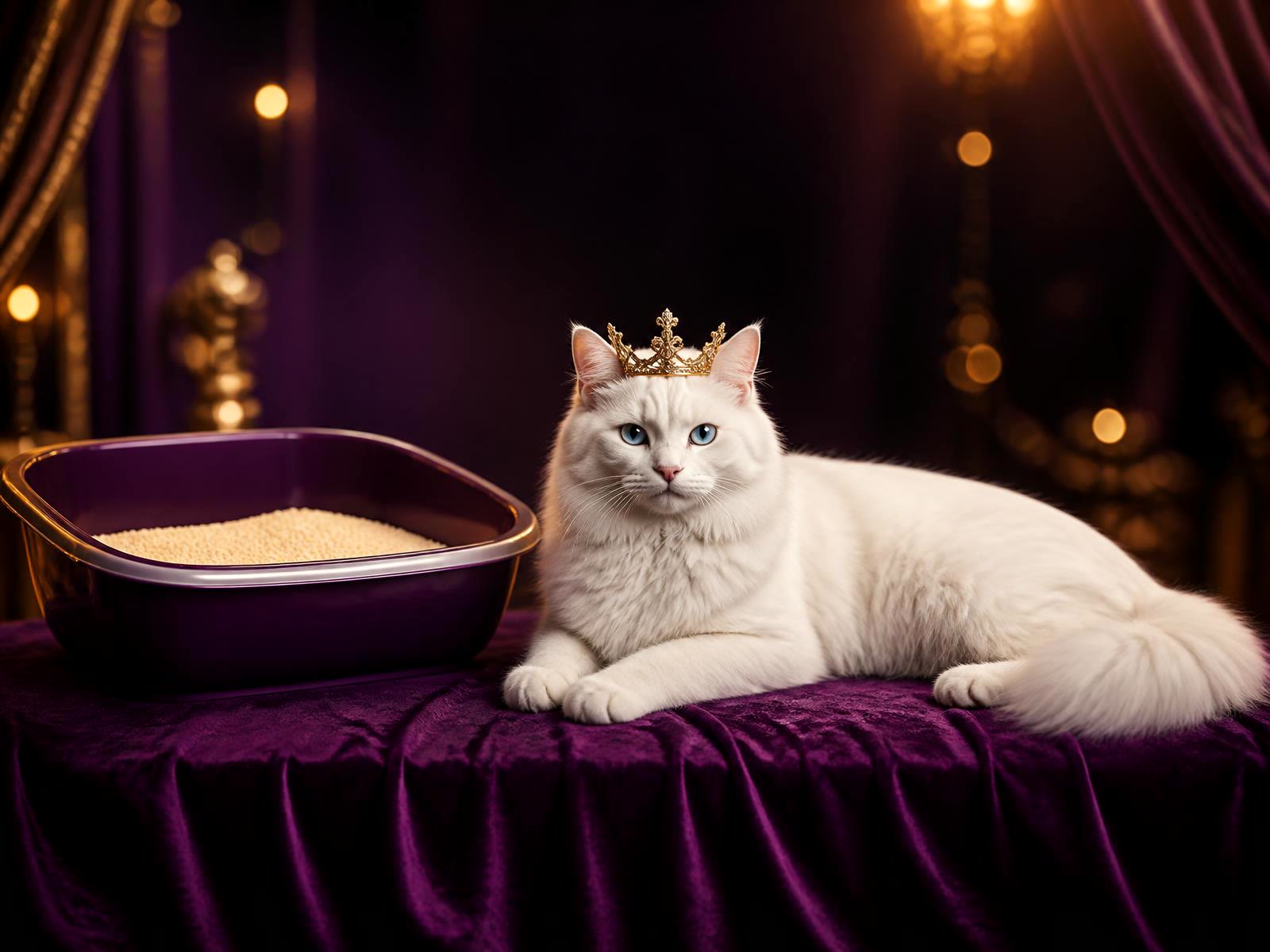 Gato branco de olhos azul-claros com coroa dourada deitado em veludo roxo ao lado da caixinha OuroCat com areia amarela bem fininha