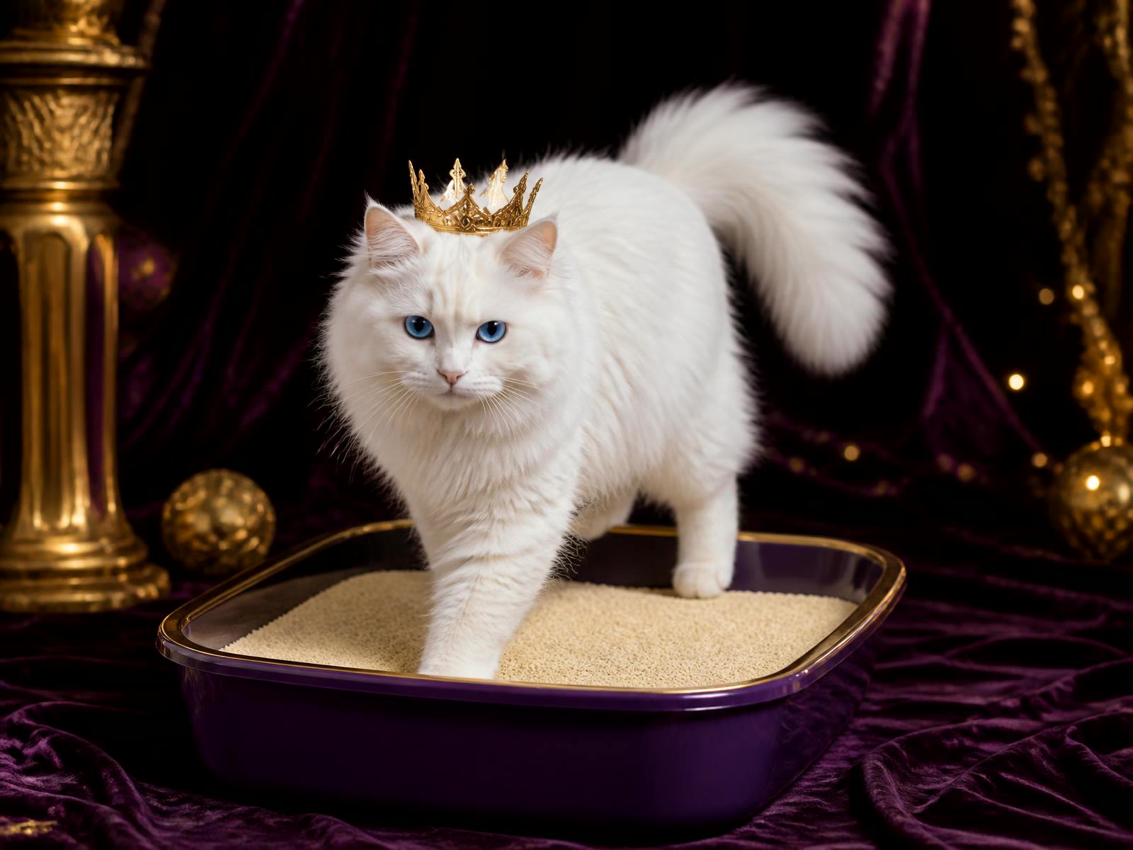 Gato branco de olhos azul-claros com coroa dourada entrando na caixinha roxa OuroCat com areia amarela bem fininha